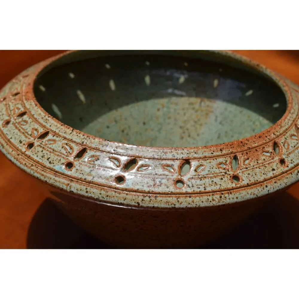 Vintage Studio Pottery Bowl Pierced Carved Rim Sage Brown Glaze Signed Powell